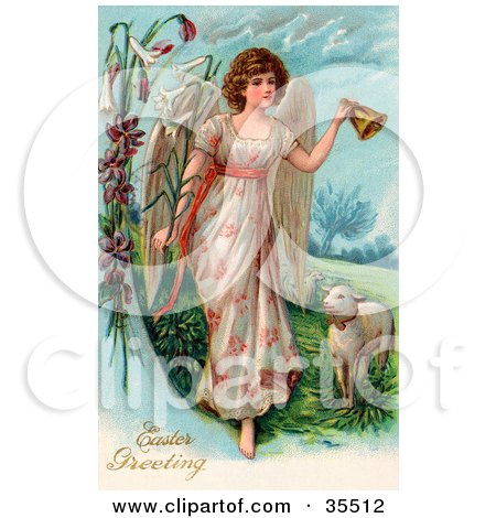 Clipart Illustration of a Beautiful Victorian Easter Angel Ringing A Bell And Leading Sheep by OldPixels
