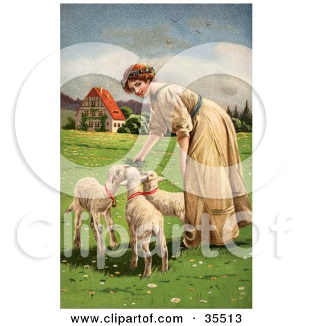 Clipart Illustration of a Beautiful Victorian Woman Smiling While Feeding Three Hungry Lambs In A Meadow On Easter by OldPixels