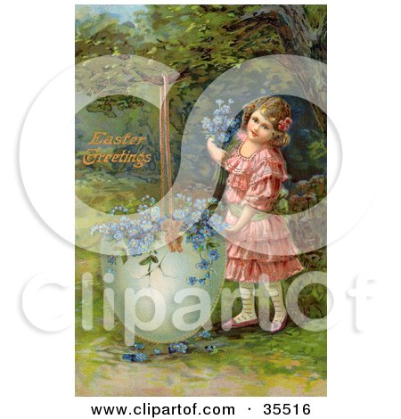 Clipart Illustration of a Pretty Little Victorian Girl Filling A Giant Broken Easter Egg With Forget Me Not Flowers by OldPixels