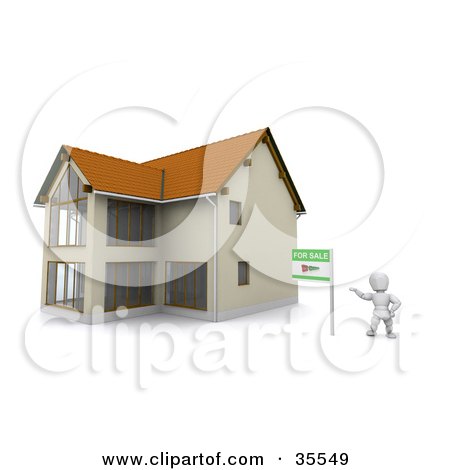 Clipart Illustration of a 3d White Character Standing Beside A For Sale Sign And A New Home by KJ Pargeter