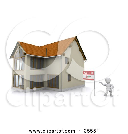 Clipart Illustration of a 3d White Character Standing Beside A Sold Sign And A New Home by KJ Pargeter