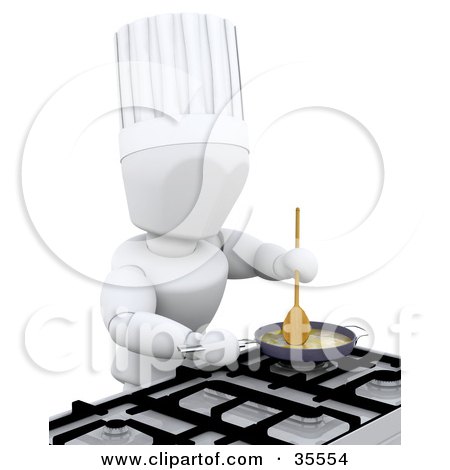 Clipart Illustration of a 3d White Character Chef In A Tall Hat, Mixing Ingredients On A Gas Kitchen Stove by KJ Pargeter