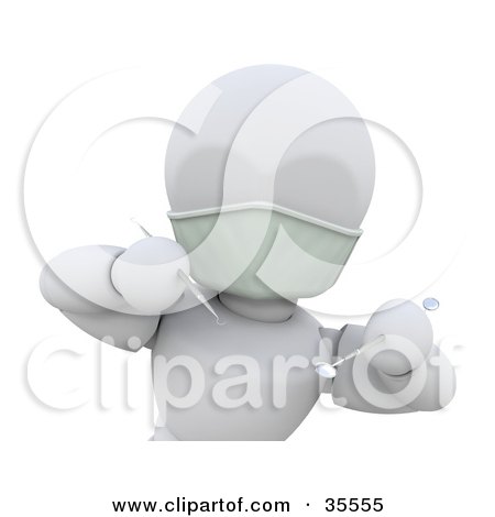 Clipart Illustration of a 3d White Character Dentist Wearing A Mask And Leaning Forward With A Mouth Mirror And Scraper Or Periodontal Probe by KJ Pargeter