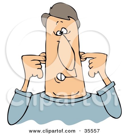 Clipart Illustration of an Annoyed Man Plugging His Ears To Drown Out Noise Or His Nagging Wife by djart