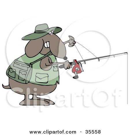 Clipart Illustration of a Sporty Brown Dog In A Vest, Holding A Fishing Pole by djart