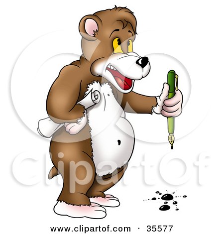 Clipart Illustration of a Clumsy Bear Holding A Roll Of Paper And Spilling Ink From A Pen by dero