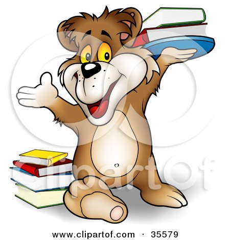 Clipart Illustration of a Smart Brown Bear Smiling And Holding Up A Stack Of Library Or School Books by dero