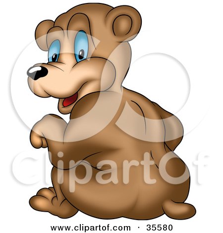 Clipart Illustration of a Cute Bear With Big Blue Eyes, Smiling Back Over His Shoulder by dero