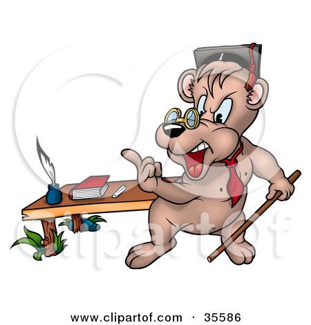 Clipart Illustration of a Stern Professor Bear Teaching A Class With A Pointer Stick, Gesturing With His Finger by dero