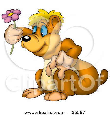 Clipart Illustration of a Curious Bear Admiring A Purple Spring Flower by dero
