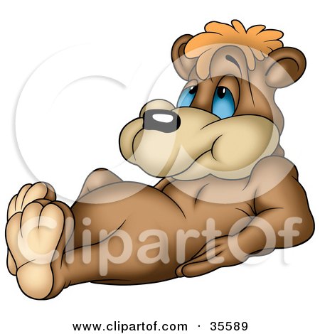 Clipart Illustration of a Cute And Lazy Brown Bear With Blue Eyes, Laying On His Back, Propped Up On His Elbows by dero