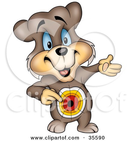 Clipart Illustration of a Blue Eyed Bear Pointing To A Target On His Belly, Symbolizing His Goal In Life, Getting Food by dero