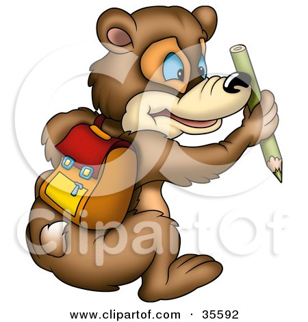 Clipart Illustration of a Blue Eyed Bear Wearing A Backpack And Holding A Green Colored Pencil by dero
