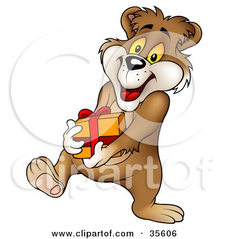 Clipart Illustration of a Giving Bear Walking With A Birthday Or Christmas Gift In Hand by dero