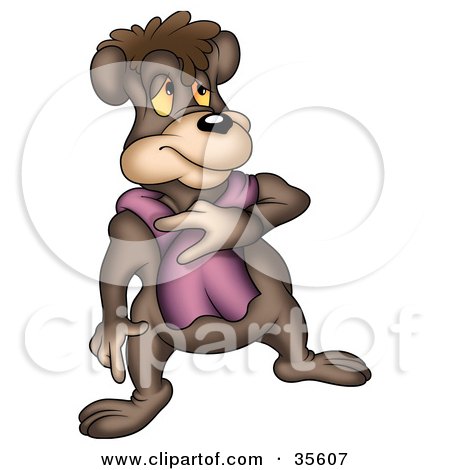 Clipart Illustration of a Cautious Brown Bear Wearing A Purple Scarf by dero