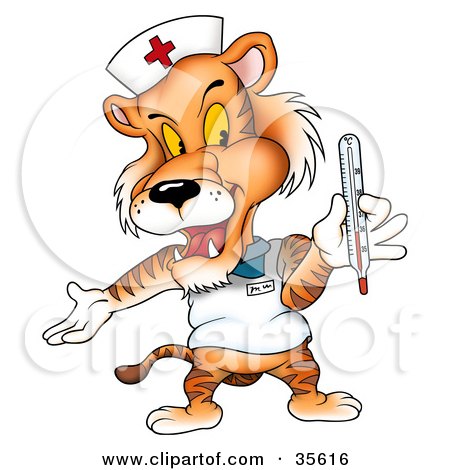 Clipart Illustration of a Nurse Tiger Holding A Thermometer by dero