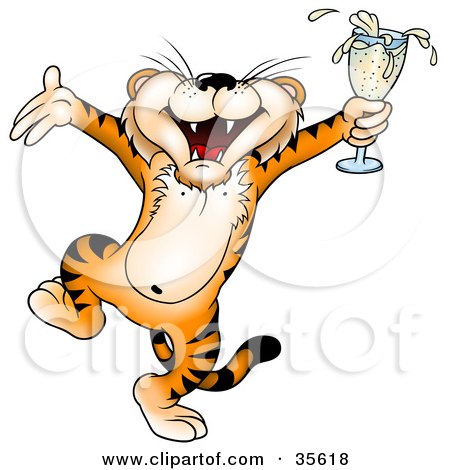 Clipart Illustration of a Tipsy Tiger Dancing And Holding A Glass Of Champagne At A Party by dero