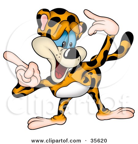 Clipart Illustration of a Goofy Leopard Bending Forward And Pointing To The Left With Both Hands by dero