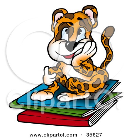Clipart Illustration of a Tired Leopard Student Sitting Atop A Stack Of Folders Of Homework by dero