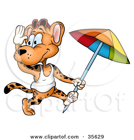 Clipart Illustration of a Friendly Leopard In A Tank Top, Running With A Beach Umbrella by dero