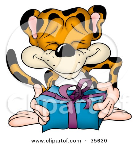 Clipart Illustration of a Friendly Leopard Giving A Blue And Purple Present by dero