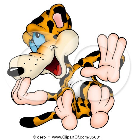 Clipart Illustration of a Giggly Leopard Holding Up A Hand And Leaning Back by dero