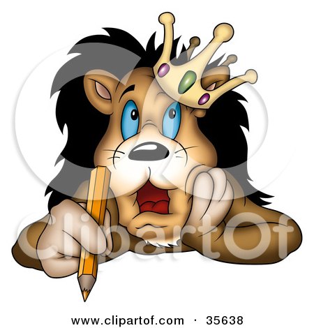 Clipart Illustration of a Stressed Lion King In A Crown, Holding A Pencil And Touching His Face by dero