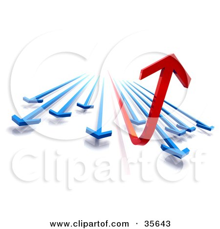 Clipart Illustration of a Financial Diagram Of Red And Blue Arrows Rushing Forward, The Red One Curving Up by Tonis Pan