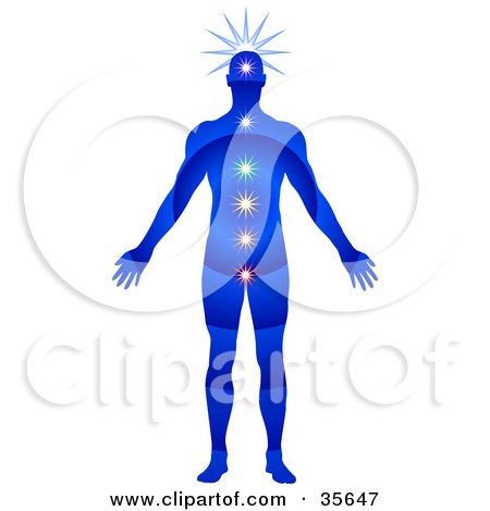 Clipart Illustration of a Blue Man Meditating And Trancending The Material Plane, His Chakras Energy Centers Activated by Tonis Pan