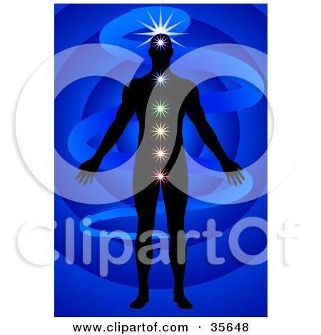 Clipart Illustration of a Silhouetted Man Meditating With His Chakras Energy Centers Illuminated, On A Blue Background by Tonis Pan