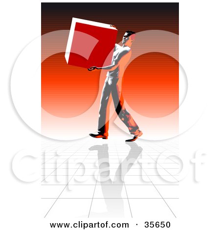 Clipart Illustration of a Strong Delivery Man Carrying A Heavy Box Over A Reflective Floor by Tonis Pan