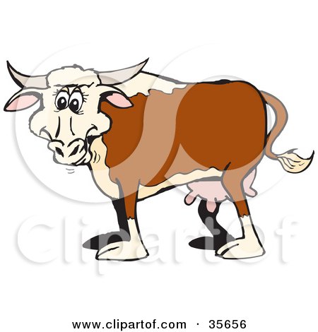 Clipart Illustration of a Happy Brown, White And Beige Cow With Udders And Horns by Dennis Holmes Designs