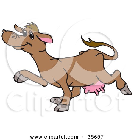 Clipart Illustration of a Happy Brown Cow With Pink Udders, Walking In Profile To The Left by Dennis Holmes Designs