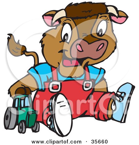 Clipart Illustration of a Cute Young Calf With Horns, Wearing Clothes And Plying With A Toy Tractor by Dennis Holmes Designs