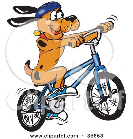 Clipart Illustration of an Athletic And Healthy Brown Dog With Black Spots, Wearing Shoes And A Helmet And Riding A Bike by Dennis Holmes Designs