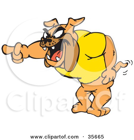 Clipart Illustration of a Bossy Bulldog In A Yellow Shirt, Yelling And Pointing Left by Dennis Holmes Designs