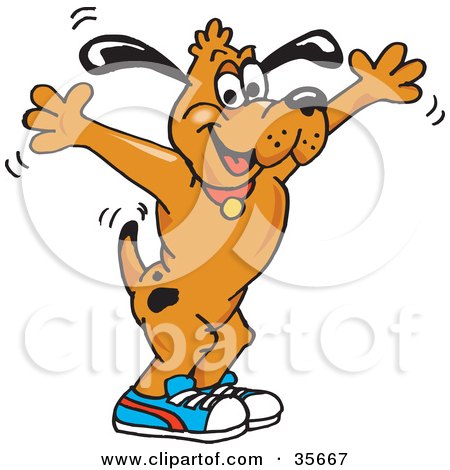 Clipart Illustration of a Hyper Brown Dog In Tennis Shoes, Holding His Arms Up by Dennis Holmes Designs