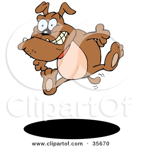 Clipart Illustration of a High Strung Bulldog Leaping Into The Air, Over A Dark Shadow by Dennis Holmes Designs