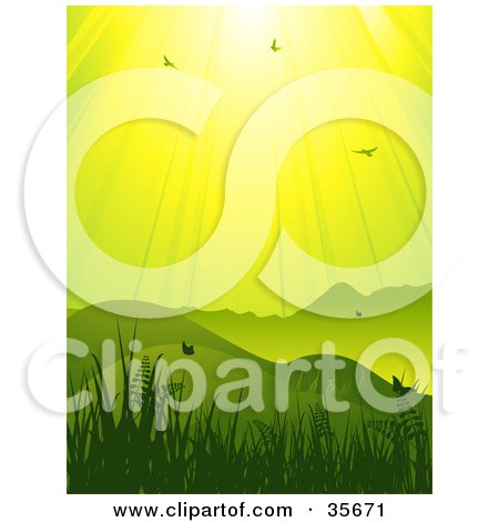 Clipart Illustration of a Vertical Green And Yellow Background Of Sunlight Shining Down On Birds And Butterflies In A Hilly, Grassy Landscape by elaineitalia
