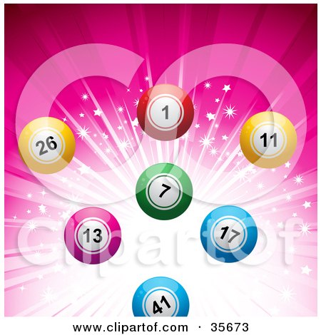 Clipart Illustration of Colorful Bingo Or Lottery Balls Over A Sparkling And Bursting Pink Background by elaineitalia