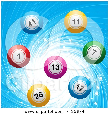 Clipart Illustration of Colorful Bingo Or Lottery Balls Over A Sparkling And Swirling Blue Background by elaineitalia