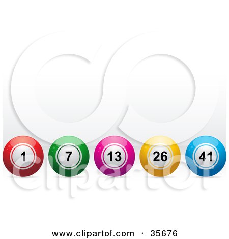 Clipart Illustration of a Row Of Red, Green, Pink, Yellow And Blue Bingo Or Lottery Balls by elaineitalia
