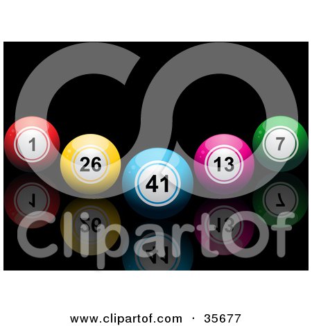 Clipart Illustration of a V Formation Of Colorful Bingo Or Lottery Balls On A Black Reflective Surface by elaineitalia