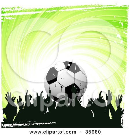 Clipart Illustration of a Silhouetted Crowd Of Soccer Fans Over A Swirling Green Background With White Grunge And A Soccer Ball by elaineitalia