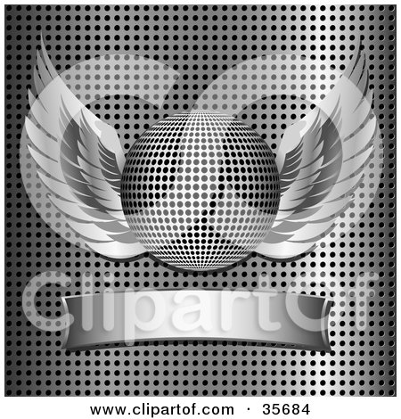 Clipart Illustration of a Winged Chrome Disco Ball Over A Blank Banner On A Grid Background by elaineitalia