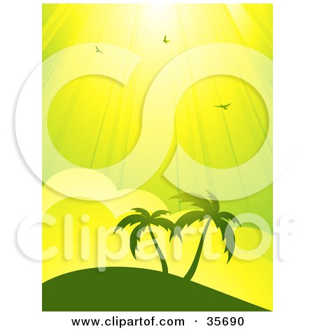 Clipart Illustration of Two Silhouetted Palm Trees On A Hill Under Birds In The Sunshine In A Green And Blue Sky by elaineitalia