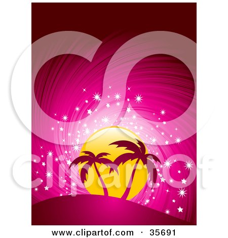 Clipart Illustration of Two Pink Silhouetted Palm Trees On A Hill In Front Of A Sparkling Yellow Sun On A Swirling Pink Background by elaineitalia