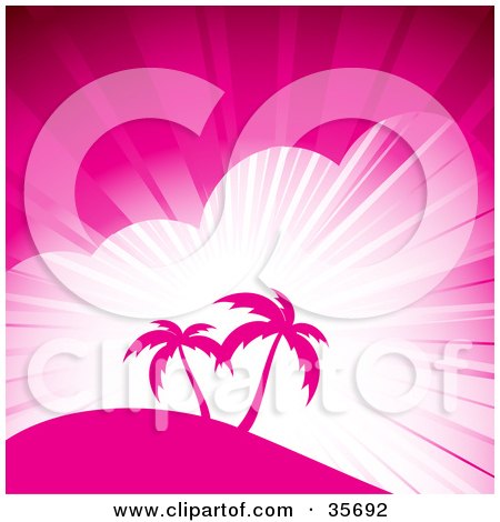 Clipart Illustration of Two Pink Silhouetted Palm Trees On A Hill, Over A Bursting Cloudy Sky by elaineitalia