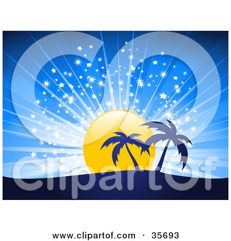 Clipart Illustration of Two Silhouetted Palm Trees On A Hill, In Front Of A Sparkling Sunset In A Blue Sky by elaineitalia
