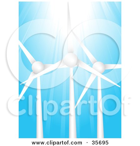 Clipart Illustration of Bright Sunlight Shining Down On Three Wind Turbines Against A Blue Sky  by elaineitalia
